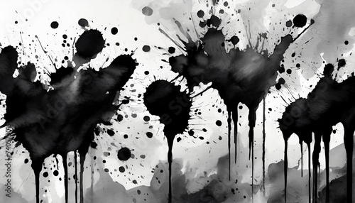 black and white paint ink splatters and splashes on white background