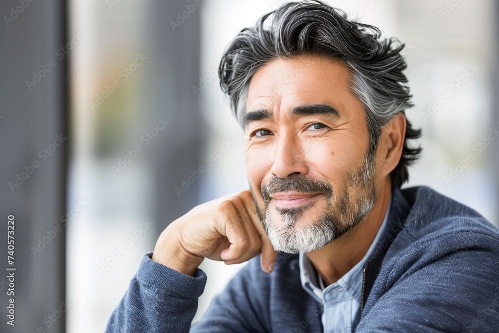 Fototapeta premium Mature Asian Man Smiling Serenely