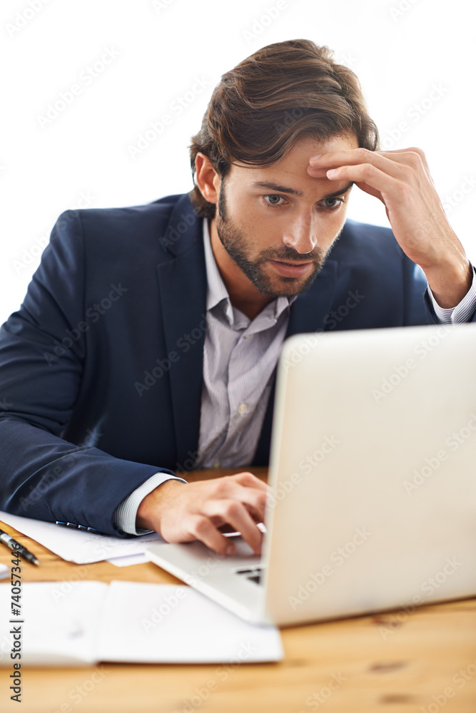 Lawyer, man and office with laptop and stress at work, serious and paperwork with information for court. Law firm, small business and document with idea for contract to report on case and regulation Lawyer, man and office with laptop and stress at work, serious and paperwork with information for court. Law firm, small business and document with idea for contract to report on case and regulation