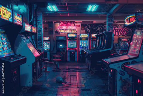 A vintage arcade filled with classic '80s games, vibrant and nostalgic © Veniamin Kraskov