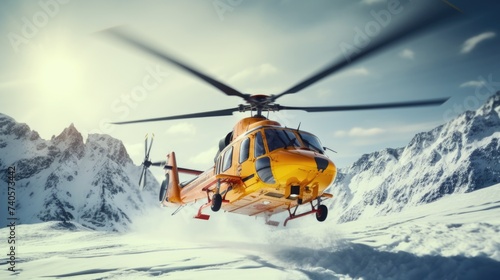 A helicopter flying over a snowy mountain landscape. Suitable for travel and adventure themes