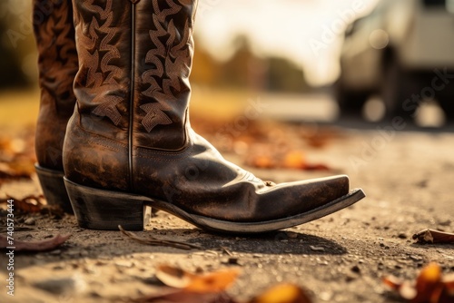Detailed close-up of a pair of cowboy boots. Suitable for western-themed designs