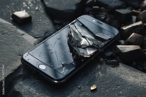 A broken cell phone left on top of a pile of rocks, suitable for technology or outdoor concepts