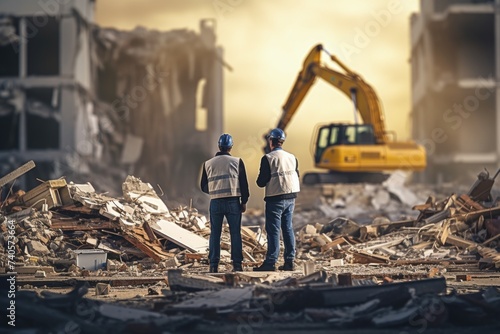 Two men standing in front of a pile of rubble. Suitable for construction and demolition themes