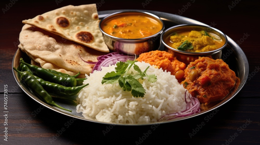 A plate of food with rice and vegetables. Perfect for food blogs or restaurant menus A plate of food with rice and vegetables. Perfect for food blogs or restaurant menus
