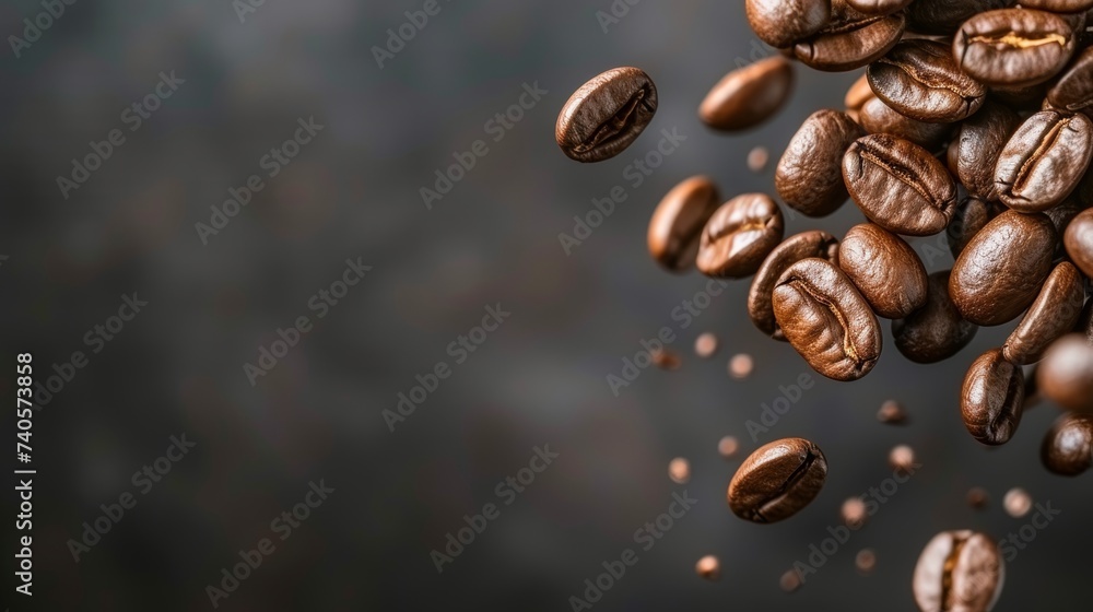 Levitating roasted coffee beans on dark background for cafes and coffee shops advertisement Levitating roasted coffee beans on dark background for cafes and coffee shops advertisement