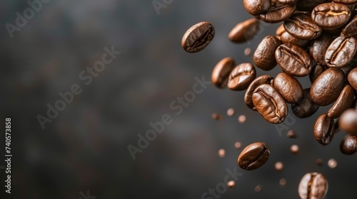Levitating roasted coffee beans on dark background for cafes and coffee shops advertisement