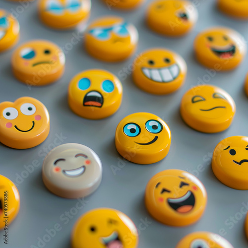 Assorted popular emoji badges on a pastel blue background, depicting a range of playful emotions and social media reactions, ideal for expressing feelings in digital content and graphic designs