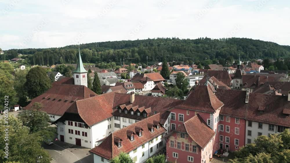 Aerial of a small medieval town next to the river Aare Aerial of a small medieval town next to the river Aare