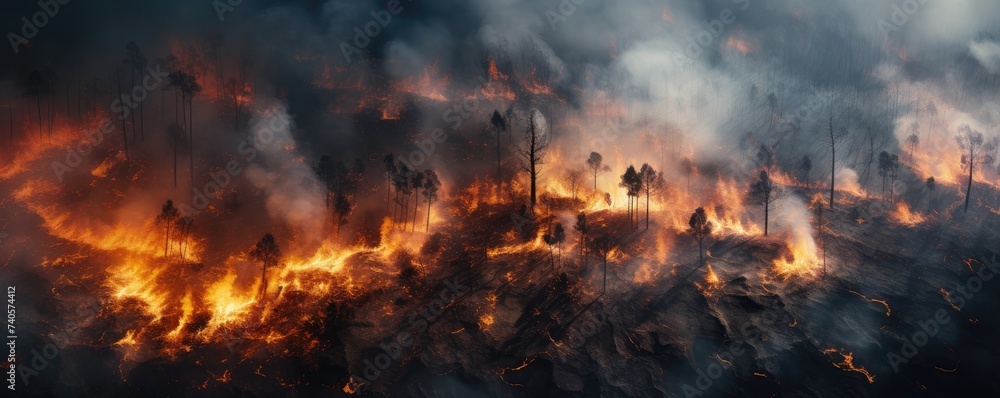 Hot summer weather with extreme fire in forests, aerial view over car road, banner. Generative Ai. Hot summer weather with extreme fire in forests, aerial view over car road, banner. Generative Ai.