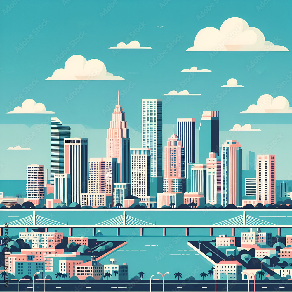Miami, Florida, USA. Flat vector skyline illustration of the city. Beautiful sunny landscape with palm trees, a beach and buildings.