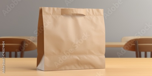 Simple brown paper bag on a wooden table, versatile for various concepts