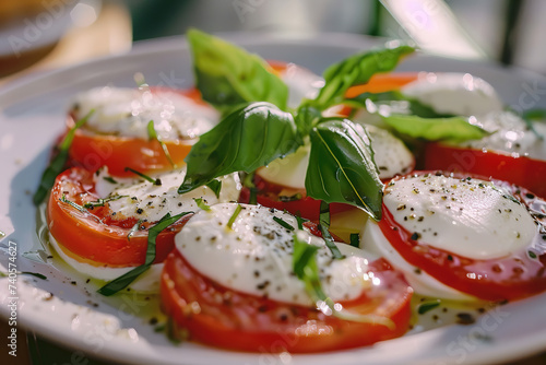 Salad Caprese with tomato mozzarella and basil, food advertising