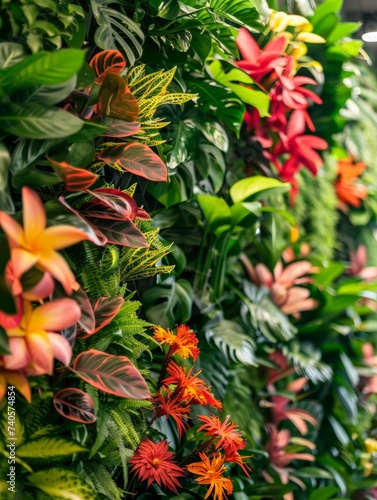 Vibrant vertical garden wall with a variety of tropical plants.