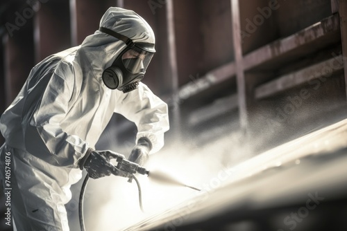 A man in a white coverall spraying with a spray gun. Perfect for industrial or maintenance concepts