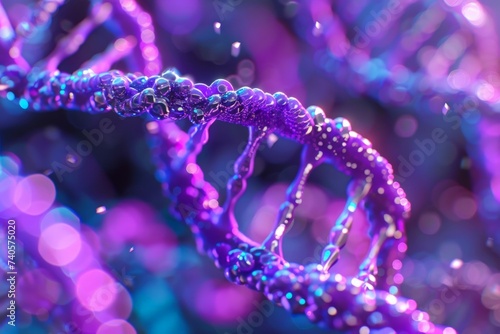 Close-up of a vibrant DNA helix with glowing details.