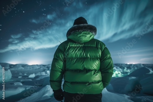 A person in a green jacket standing in the snow. Suitable for winter outdoor concepts