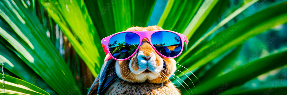 bunny with glasses on a background of palm trees. Selective focus.
