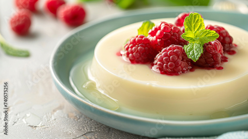 Vanilla pudding with fresh raspberries.