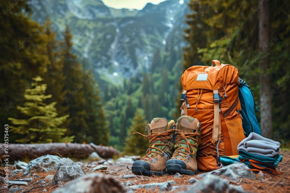 A backpack and hiking boots ready on a forest trail with mountain background.