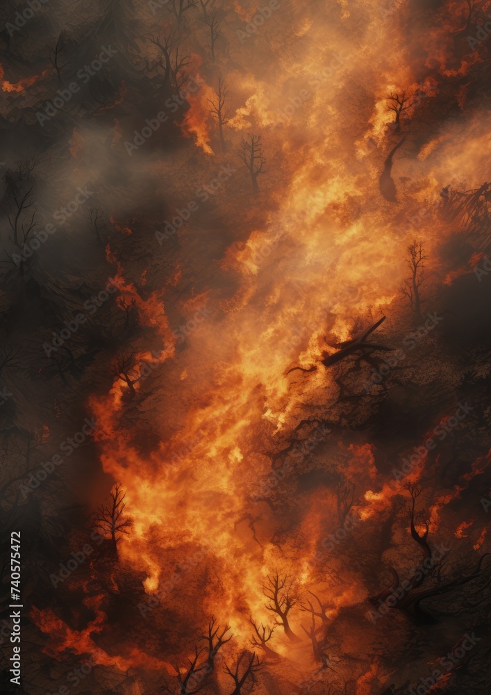 Hot summer weather with extreme fire in forests, aerial view over car road Generative Ai. Hot summer weather with extreme fire in forests, aerial view over car road Generative Ai.