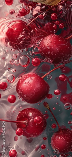 Close-up of cherries dipped in water with air bubbles creating a fresh and dynamic scene.