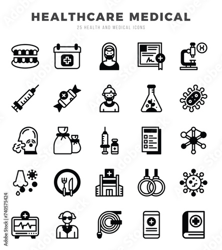 Collection of HEALTHCARE MEDICAL 25 Lineal Fill Icons Pack.