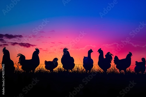 Silhouettes de poules et coqs au lever du soleil » IA générative © Maelgoa