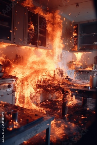 A kitchen engulfed in flames, suitable for emergency and safety concepts