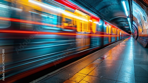 Blurred motion of a speedy subway train traveling through a tunnel with vibrant lights.