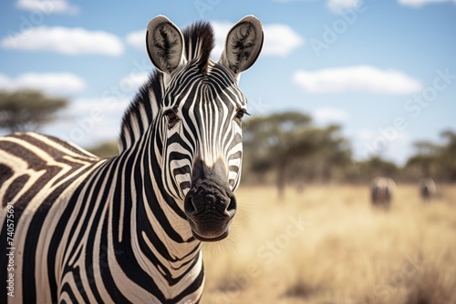 Close up shot of a zebra in a field  suitable for wildlife concepts