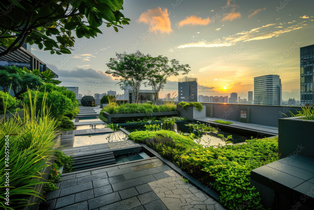 A rooftop garden in the city at dawn, peaceful and lush