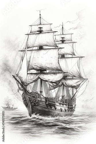 A drawing of a sailing ship in the ocean. Suitable for travel brochures