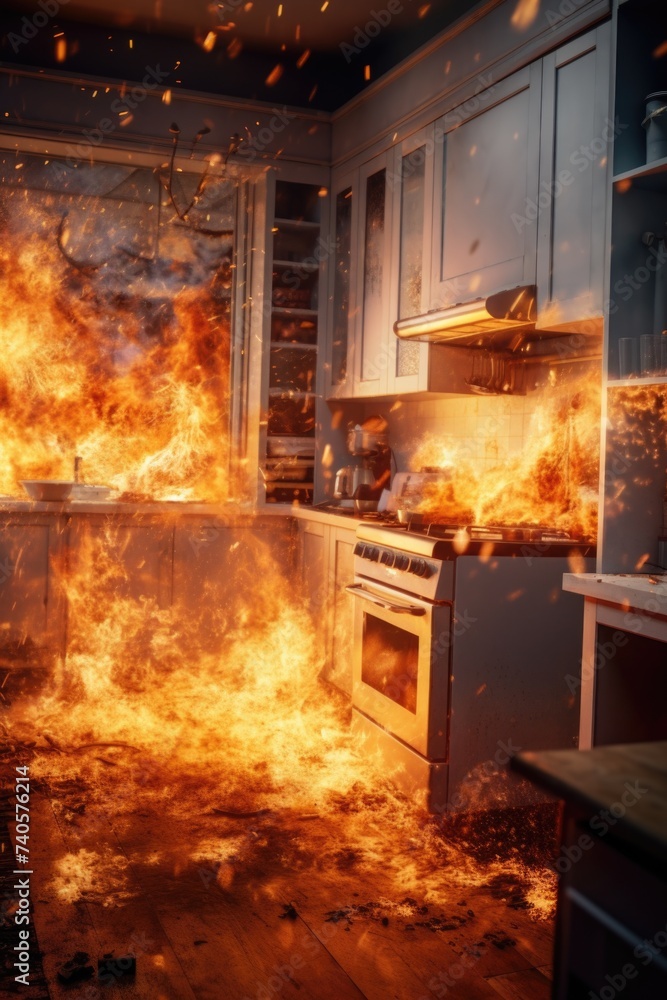 A kitchen engulfed in flames, with a stove and oven on fire. Suitable for illustrating house fires or kitchen safety precautions