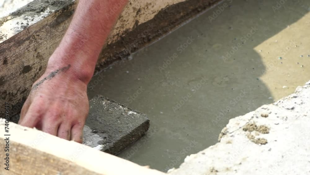 Construction, Worker Hands smooth wet cement in wooden frame at a construction site during daytime to ensure an even surface Construction, Worker Hands smooth wet cement in wooden frame at a construction site during daytime to ensure an even surface