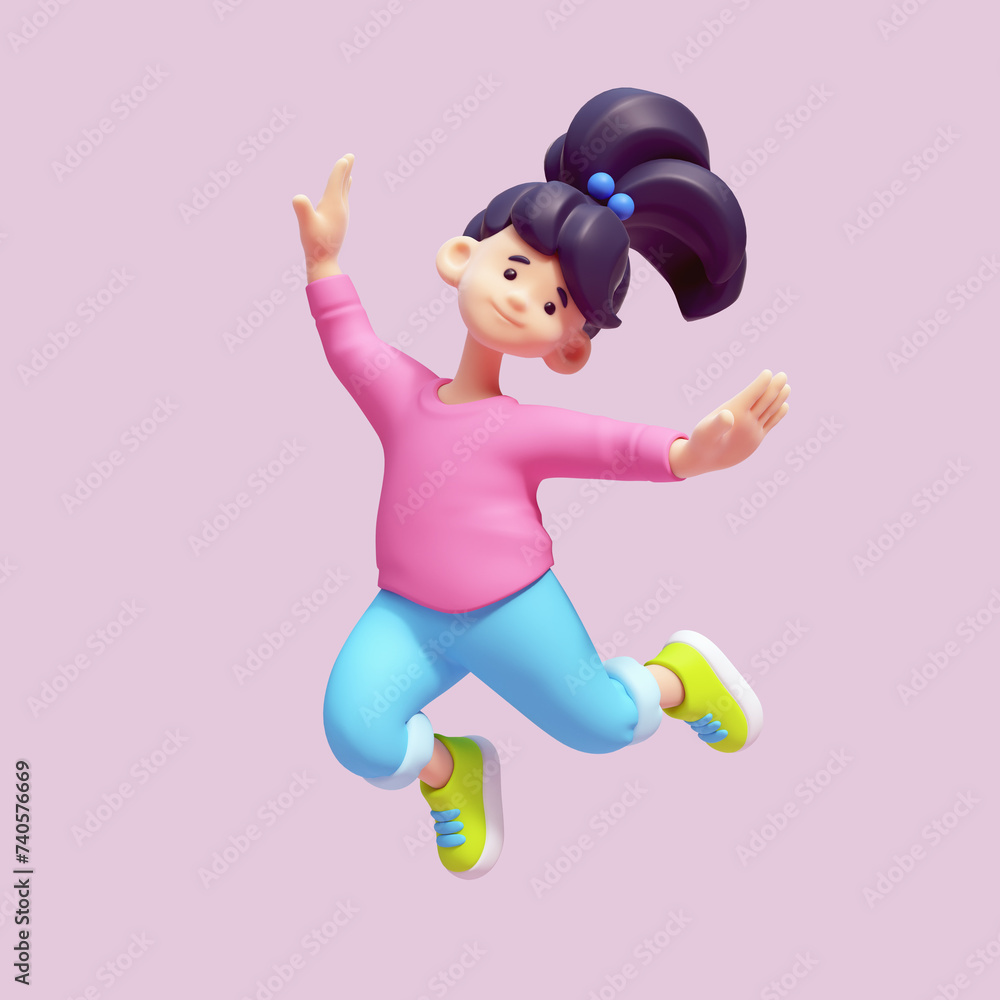 Full length cute kawaii excited asian smiling child girl wears casual fashion clothes, pink pullover, blue pants, green sneakers in jumping pose, having fun, rejoice, joy. 3d render in pastel colors.