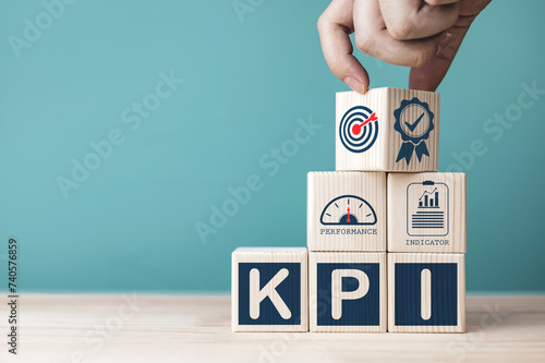 Key performance indicators (KPI) concept, and process setting goals for business success. Means to efficiency, and performance results from evaluation. with copy space