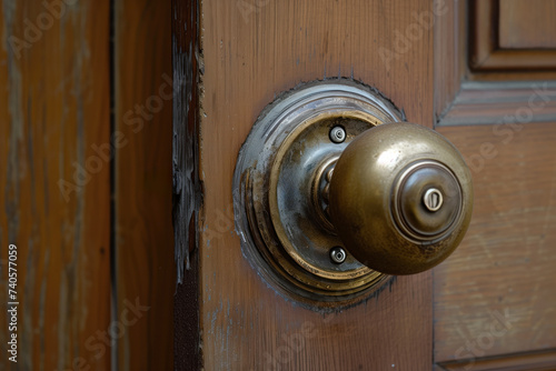 A vintage antique brass doorknob, handle, on a wooden exterior front door with oxidised patina.