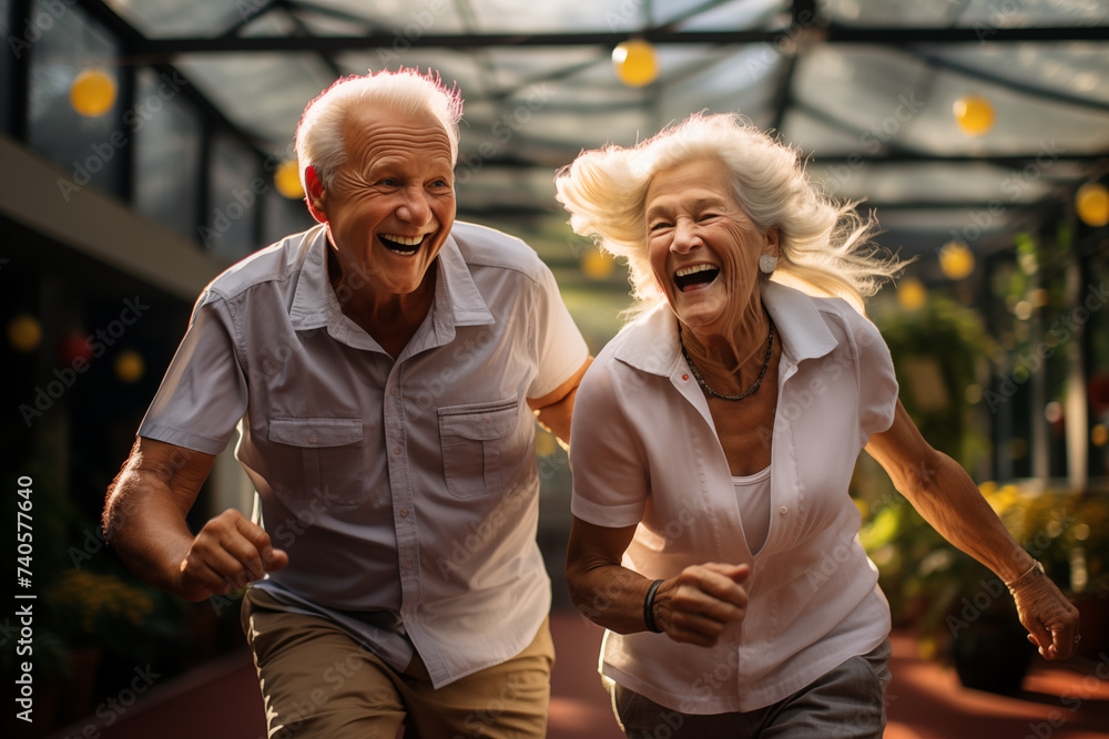 Fototapeta premium Happy seniors jog side-by-side, beaming smiles reflecting their joy