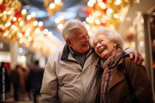 An elderly couple gaze at each other, smiles lighting up their faces, as they shop together