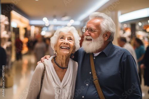 An elderly couple shops together, smiles illuminating their faces