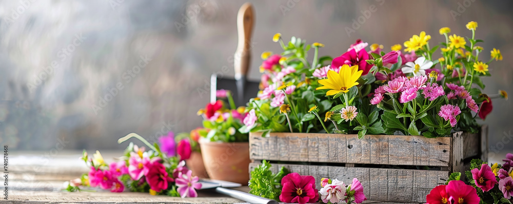 Fototapeta premium a wooden box with garden flowers stands on the ground against the backdrop of a spring garden