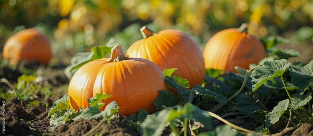 Autumn harvest scene with a variety of pumpkins sitting on the ground in the pumpkin patch Autumn harvest scene with a variety of pumpkins sitting on the ground in the pumpkin patch