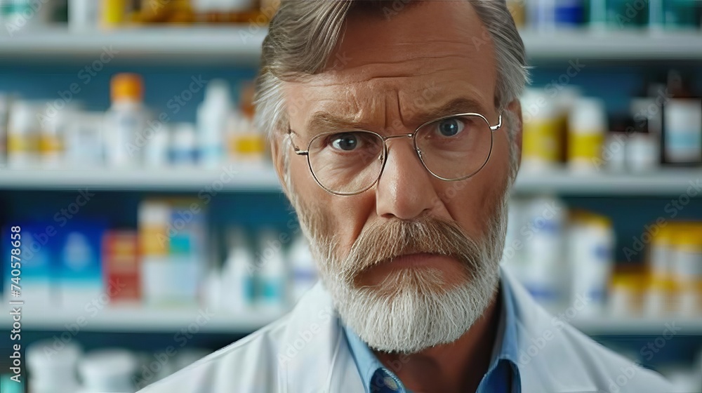 Senior male pharmacist in modern pharmacy, man in glasses on blurred background with copy space Senior male pharmacist in modern pharmacy, man in glasses on blurred background with copy space