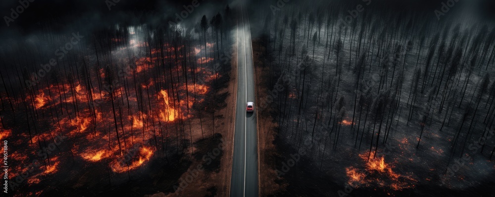 Hot summer weather with extreme fire in forests, aerial view over car road, banner. Generative Ai.