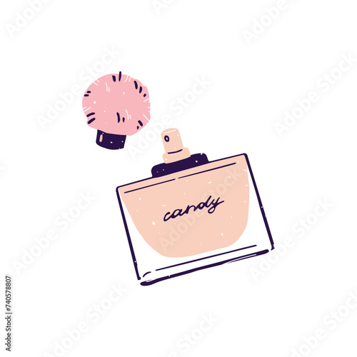Luxury perfume bottle with fluffy cap. Sweet fragrance, aroma in cute glass jar. Fragrant beauty product. Fashion aromatic cosmetic. Professional makeup. Flat isolated vector illustration on white