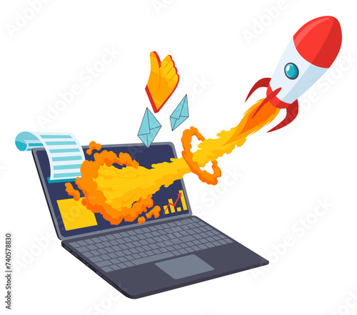 Successful start up, starting new business project. Starting launch, entrepreneurial concept. Rocketship on computer for startup media. Vector cartoon illustration