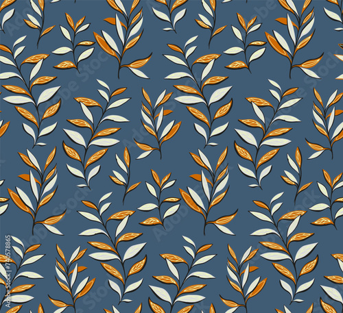 Abstract creative leaves branches seamless pattern on a true blue background. Vector hand drawn sketch. Modern leaf botanical patterned. Collage template for printing, textile, fabric, fashion