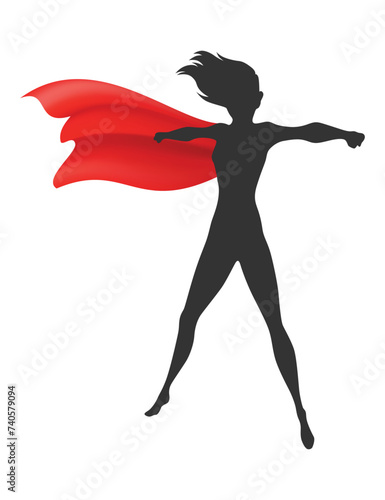 Woman superhero silhouette with scarlet fabric silk cloak. Mantle costume or cover cartoon vector illustration