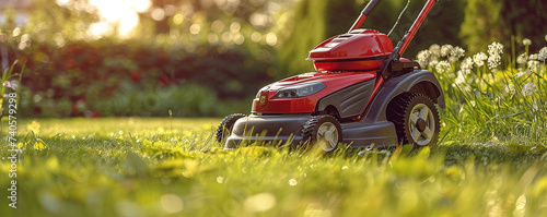 red lawnmower on green grass in a modern garden photo